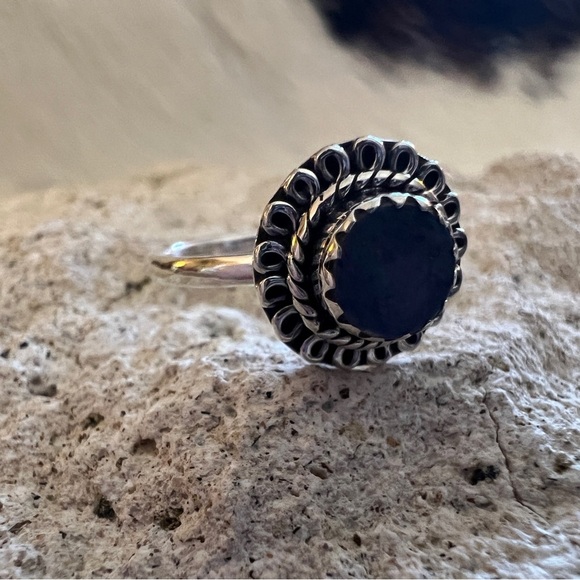 Navajo Jewelry - ❤️ Australian Opal Dark Denim Blue Sunburst Ring Navajo Sterling Silver Size 6.5